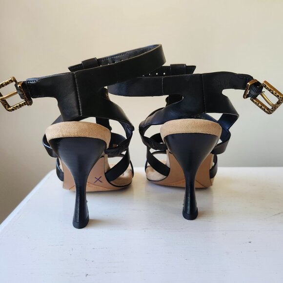 Franco Sarto Black Strappy Dress Heels Gold Leaf Detail Women’s Size 5.5 - Picture 7 of 8